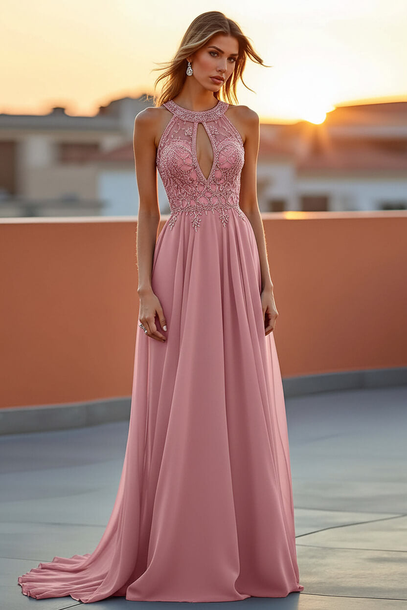 Dressystars Beaded Navy Wedding Guest Dress Halter Long Formal Dress With Embroideries