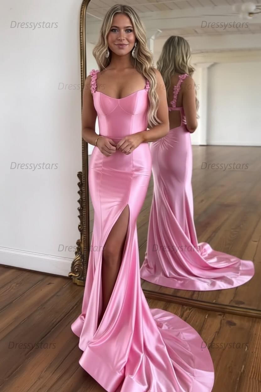 Red Prom Dress Spaghetti Straps Mermaid Satin Long Evening Dress with Slit