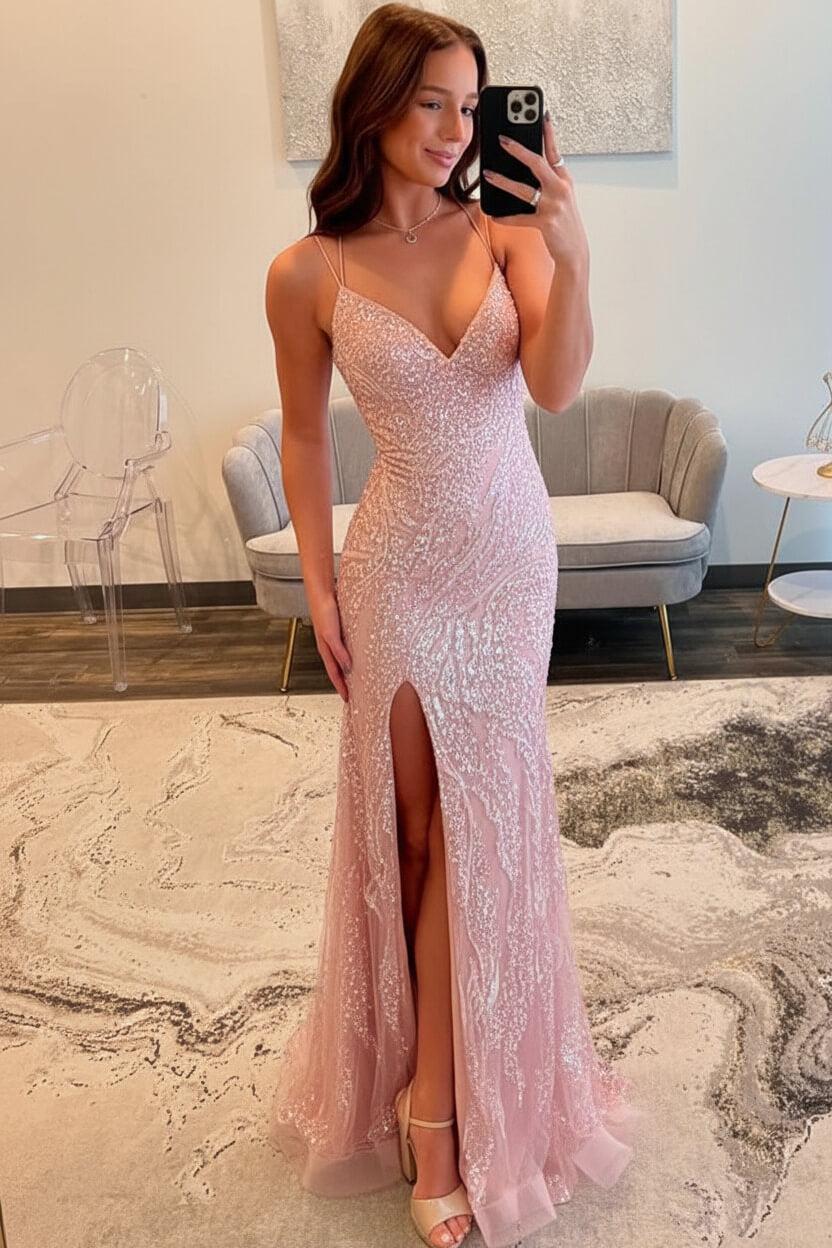 Dressystars Silver Sequin Spaghetti Strap Mermaid Slit Prom Dress With Crisscross Lace-Up Back Formal Evening Gown