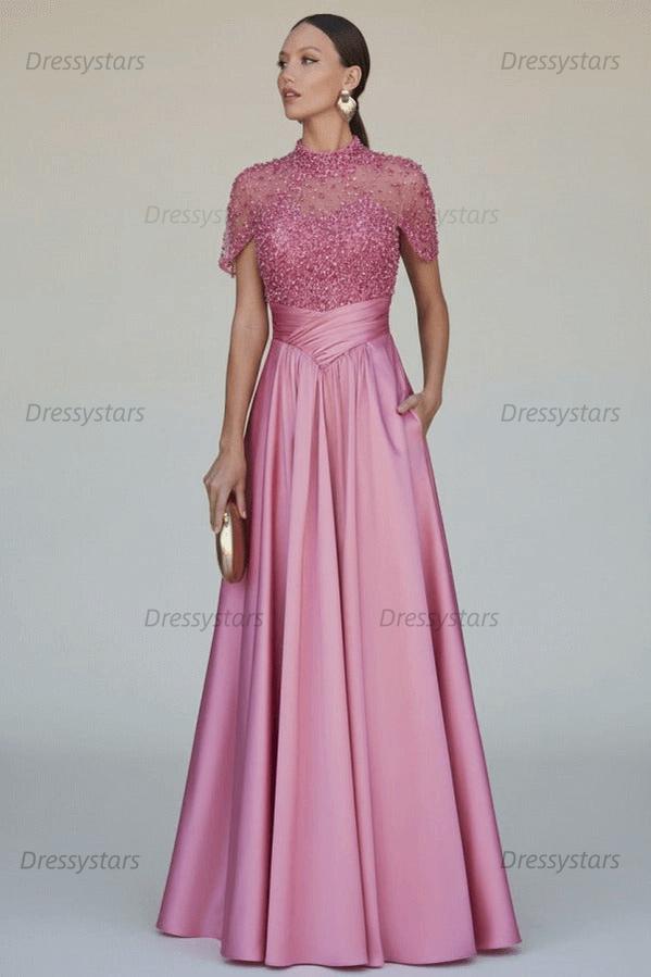 Green A Line Prom Dress Short Sleeve High Neck Formal Dress With Beadings and Rhinestones