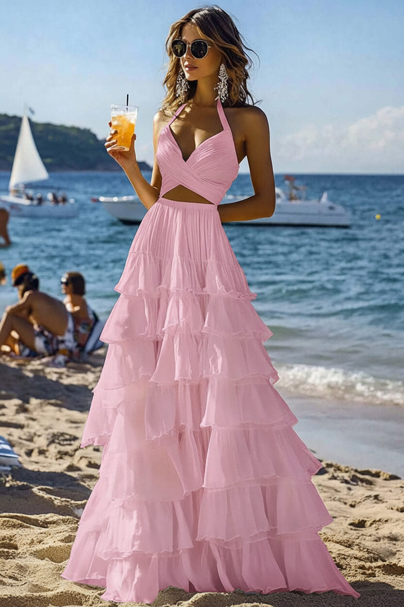 Dressystars Halter Tiered White 2 Piece Ruffled Formal Dress