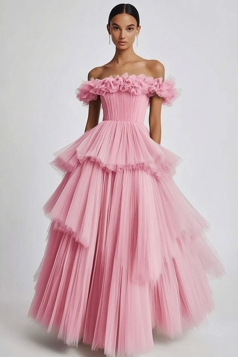 Dusty Sage Formal Dress Tulle Off The Shoulder Ball Gown Wedding Guest Dress With Ruffles