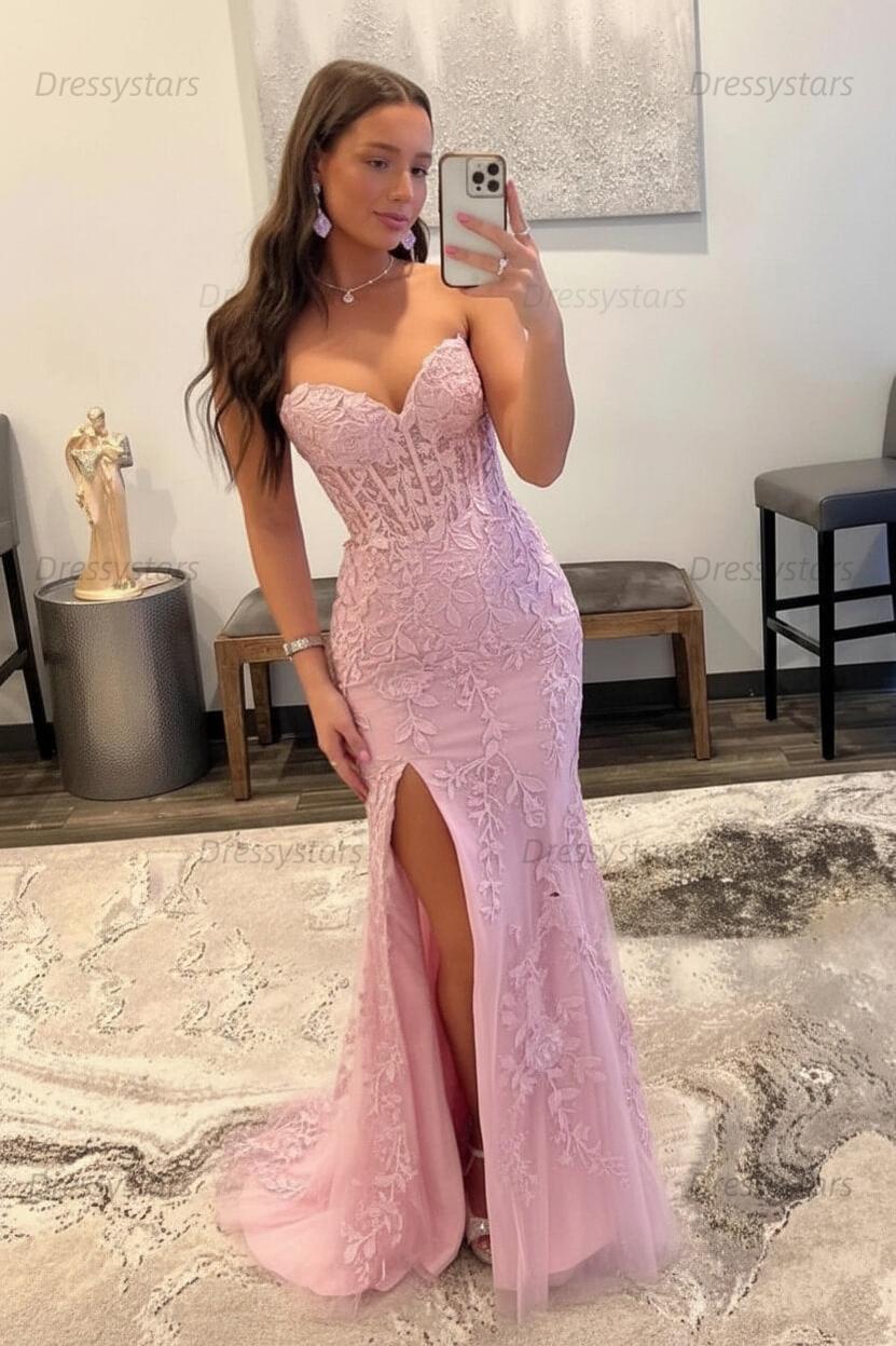 Black Prom Dress Corset Sweetheart Long Lace Mermaid Evening Dress with Slit
