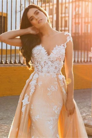 Cap Sleeve Sweetheart Mermaid Wedding Dress with Lace Appliques and Panel Train