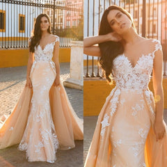 Cap Sleeve Sweetheart Mermaid Wedding Dress with Lace Appliques and Panel Train