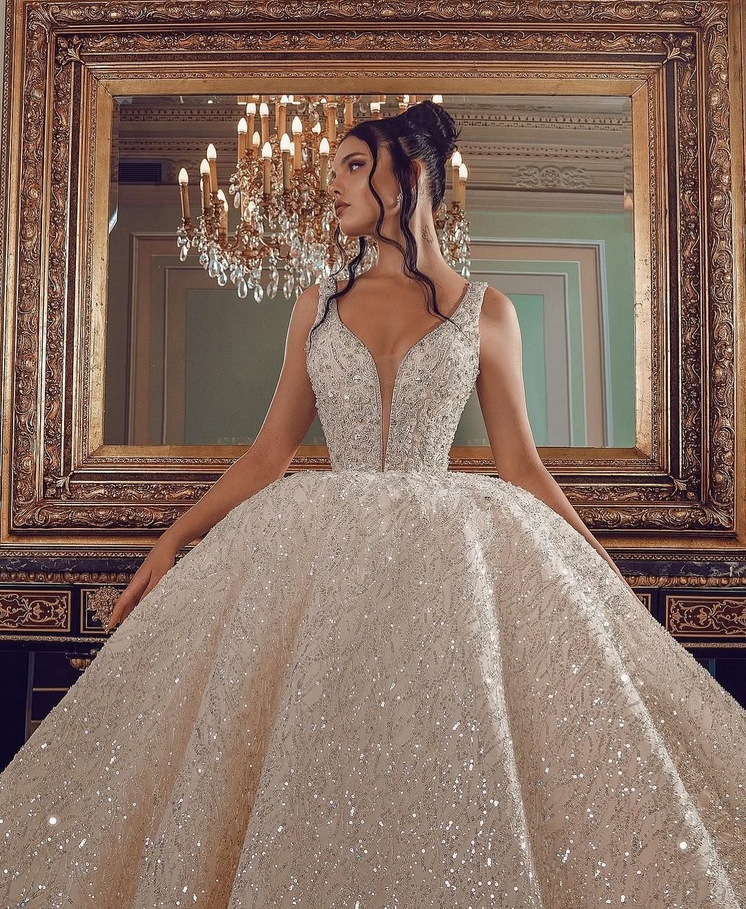 Cathedral Wedding Dress V Neck Ball Gown Sequined Bridal Dress