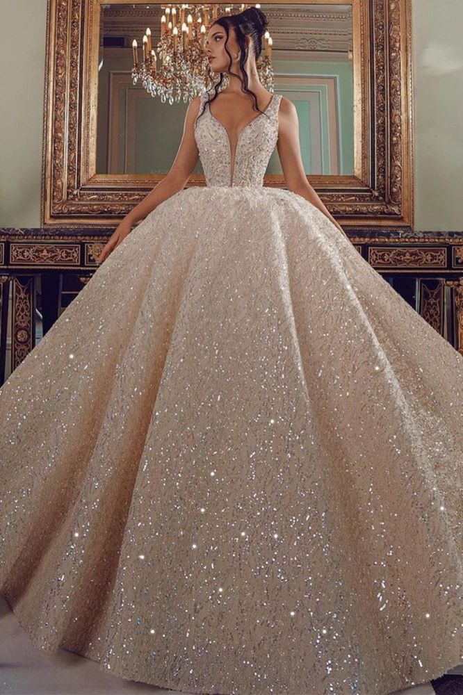 Cathedral Wedding Dress V Neck Ball Gown Sequined Bridal Dress