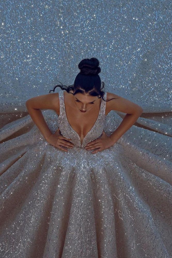 Cathedral Wedding Dress V Neck Ball Gown Sequined Bridal Dress