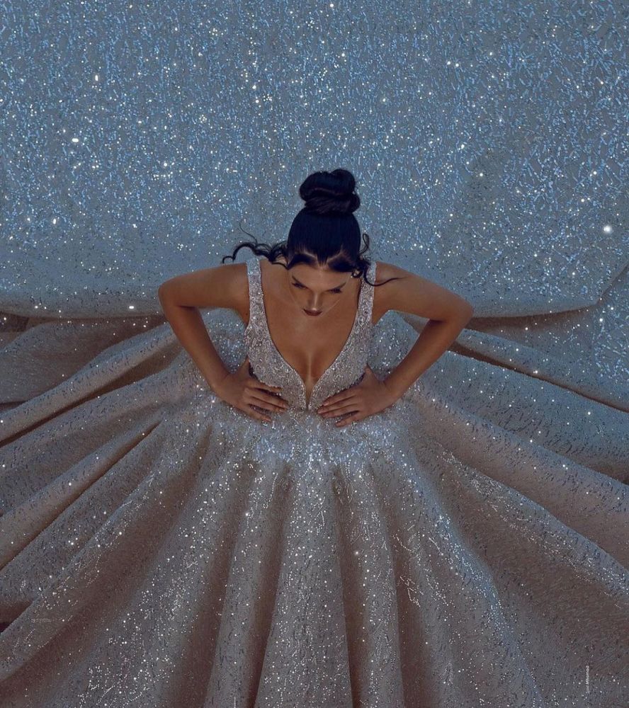 Cathedral Wedding Dress V Neck Ball Gown Sequined Bridal Dress