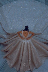 Cathedral Wedding Dress V Neck Ball Gown Sequined Bridal Dress