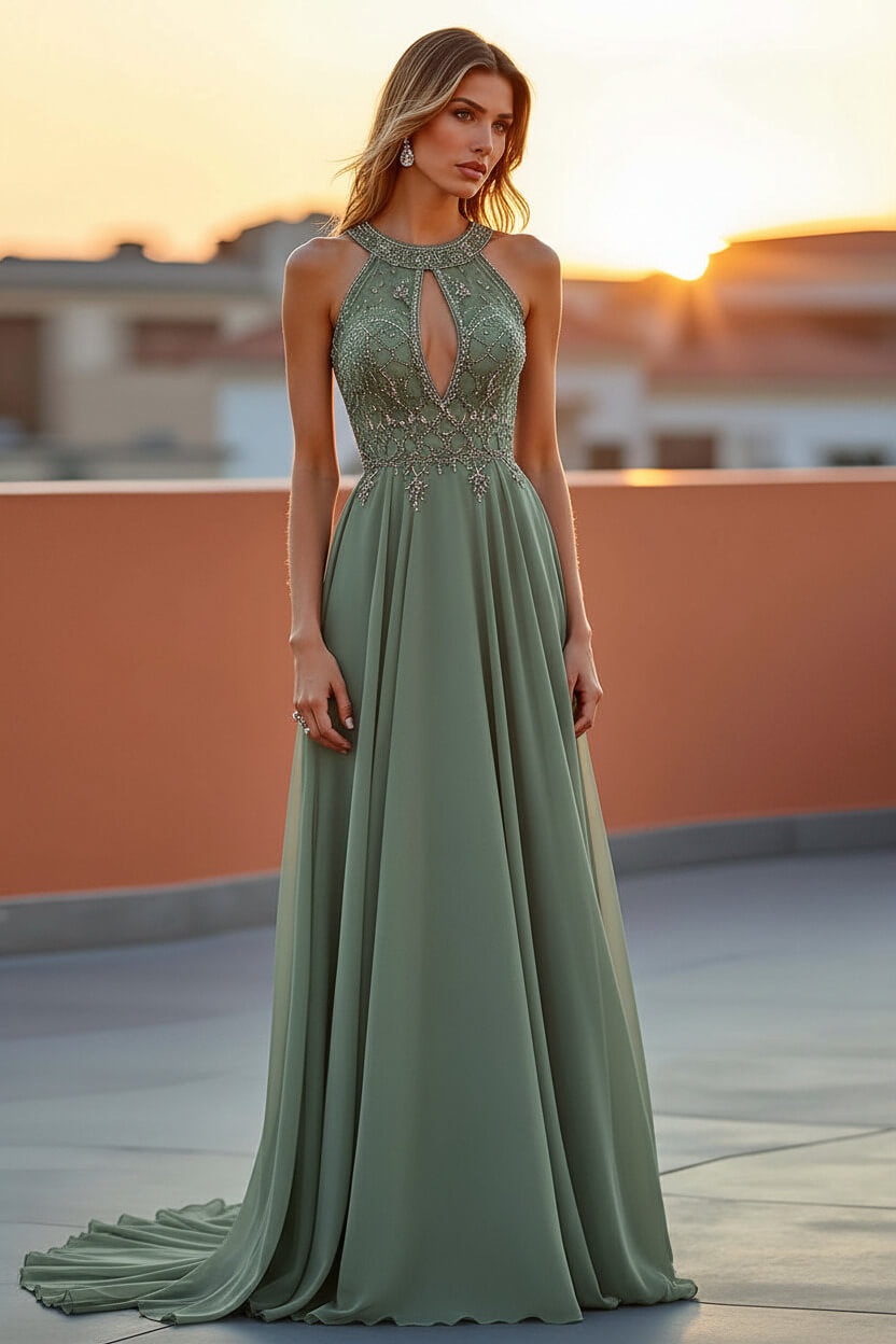 Dressystars Beaded Navy Wedding Guest Dress Halter Long Formal Dress With Embroideries