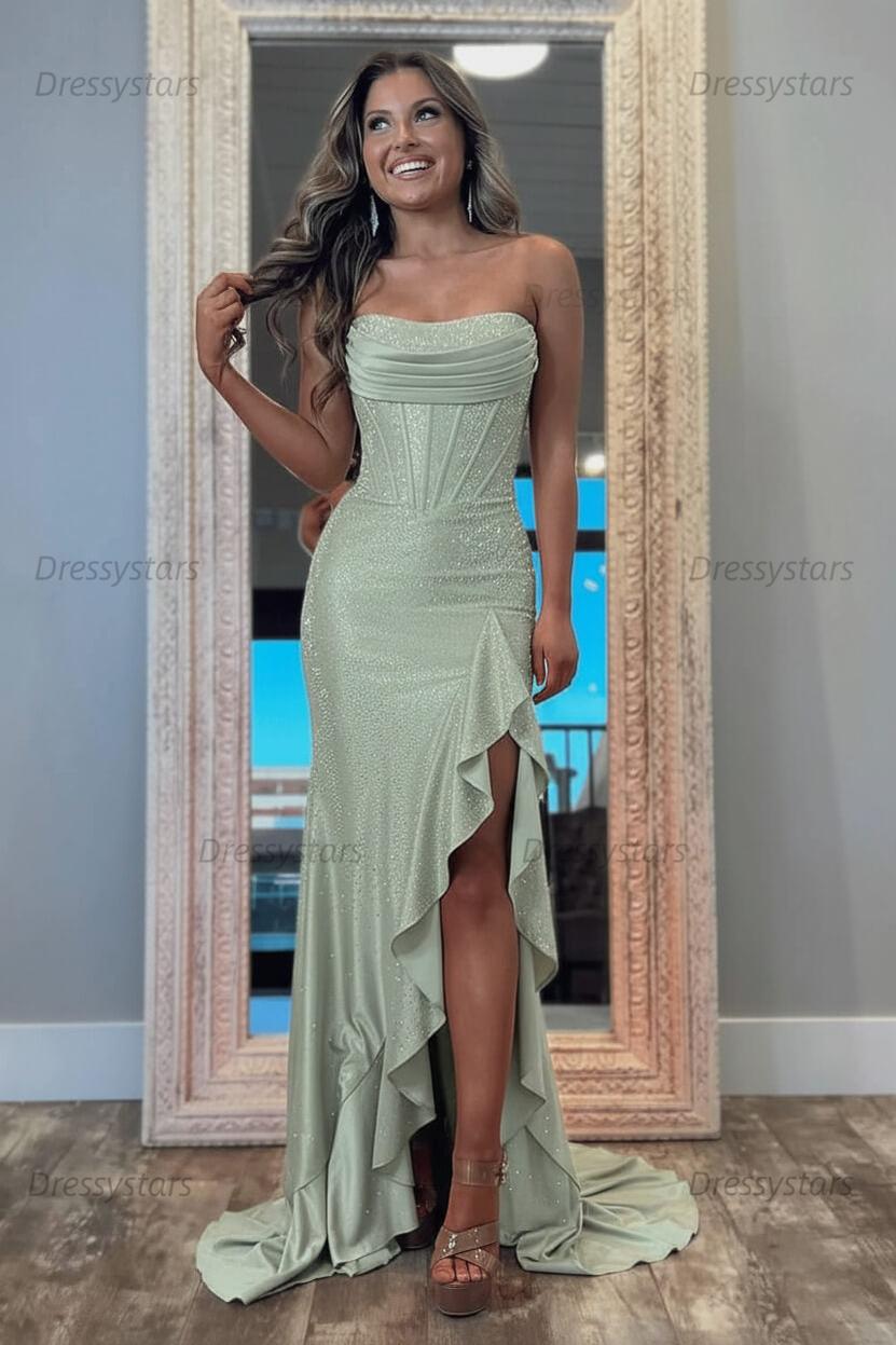 Orange Prom Dress Strapless Corset Long Evening Dress with Slit