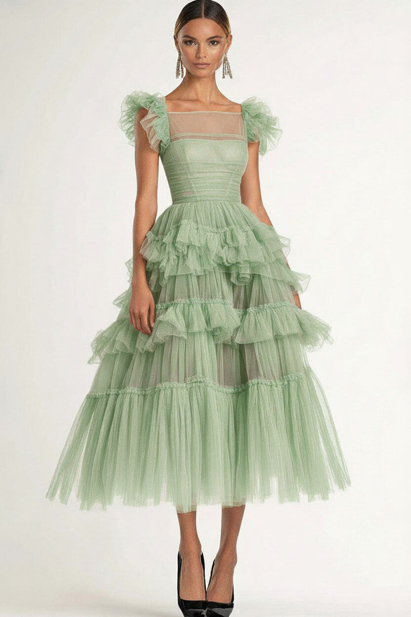 Dressystars Tea Length Black Wedding Guest Dress A-Line Flatter Sleeves Tulle Formal Dress With Ruffles