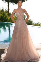 Champagne A Line Prom Dress Cap Sleeve Halter Neck Formal Dress With Sequins
