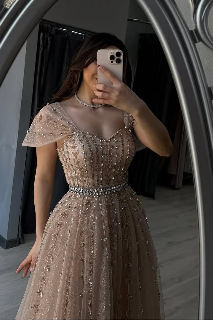 Champagne A Line Prom Dress Cap Sleeve Off the Shoulder Formal Dress With Beadings and Rhinestones