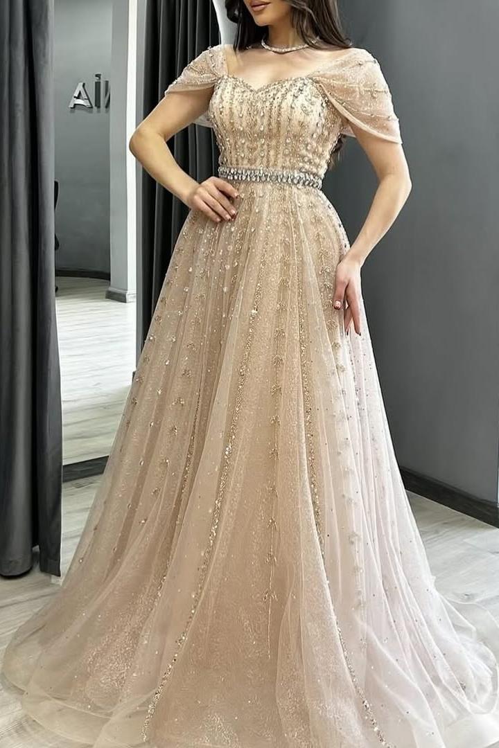 Champagne A Line Prom Dress Cap Sleeve Off the Shoulder Formal Dress With Beadings and Rhinestones