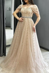 Champagne A Line Prom Dress Cap Sleeve Off the Shoulder Formal Dress With Beadings and Rhinestones