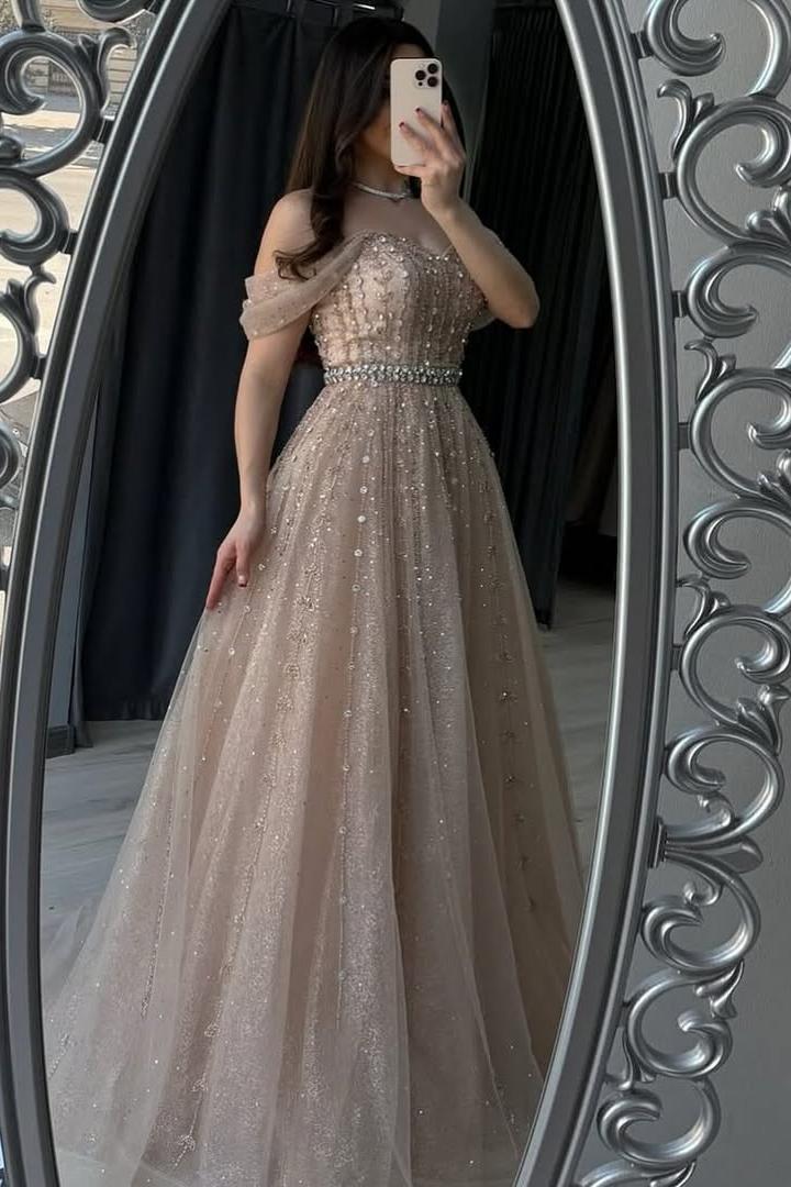 Champagne A Line Prom Dress Cap Sleeve Off the Shoulder Formal Dress With Beadings and Rhinestones