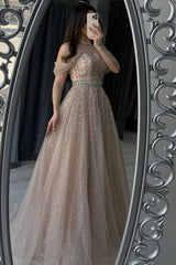 Champagne A Line Prom Dress Cap Sleeve Off the Shoulder Formal Dress With Beadings and Rhinestones