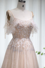 Champagne A Line Prom Dress Cap Sleeve Spaghetti Straps Formal Dress With Lace Appliques