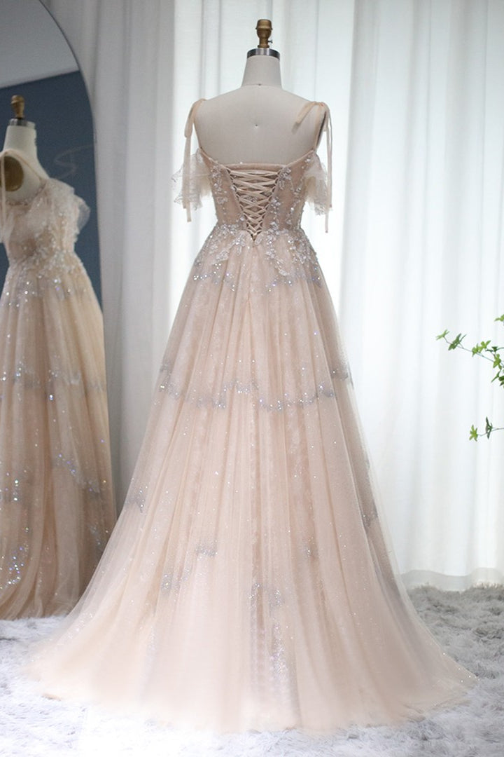 Champagne A Line Prom Dress Cap Sleeve Spaghetti Straps Formal Dress With Lace Appliques