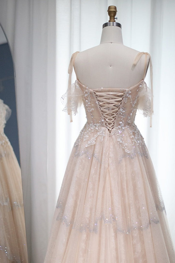 Champagne A Line Prom Dress Cap Sleeve Spaghetti Straps Formal Dress With Lace Appliques