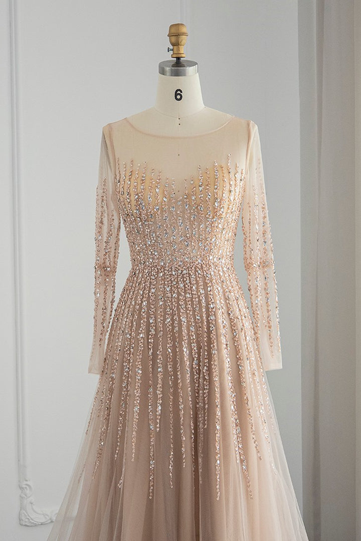 Champagne A Line Prom Dress Long Sleeve Crew Neck Formal Dress With Sequins