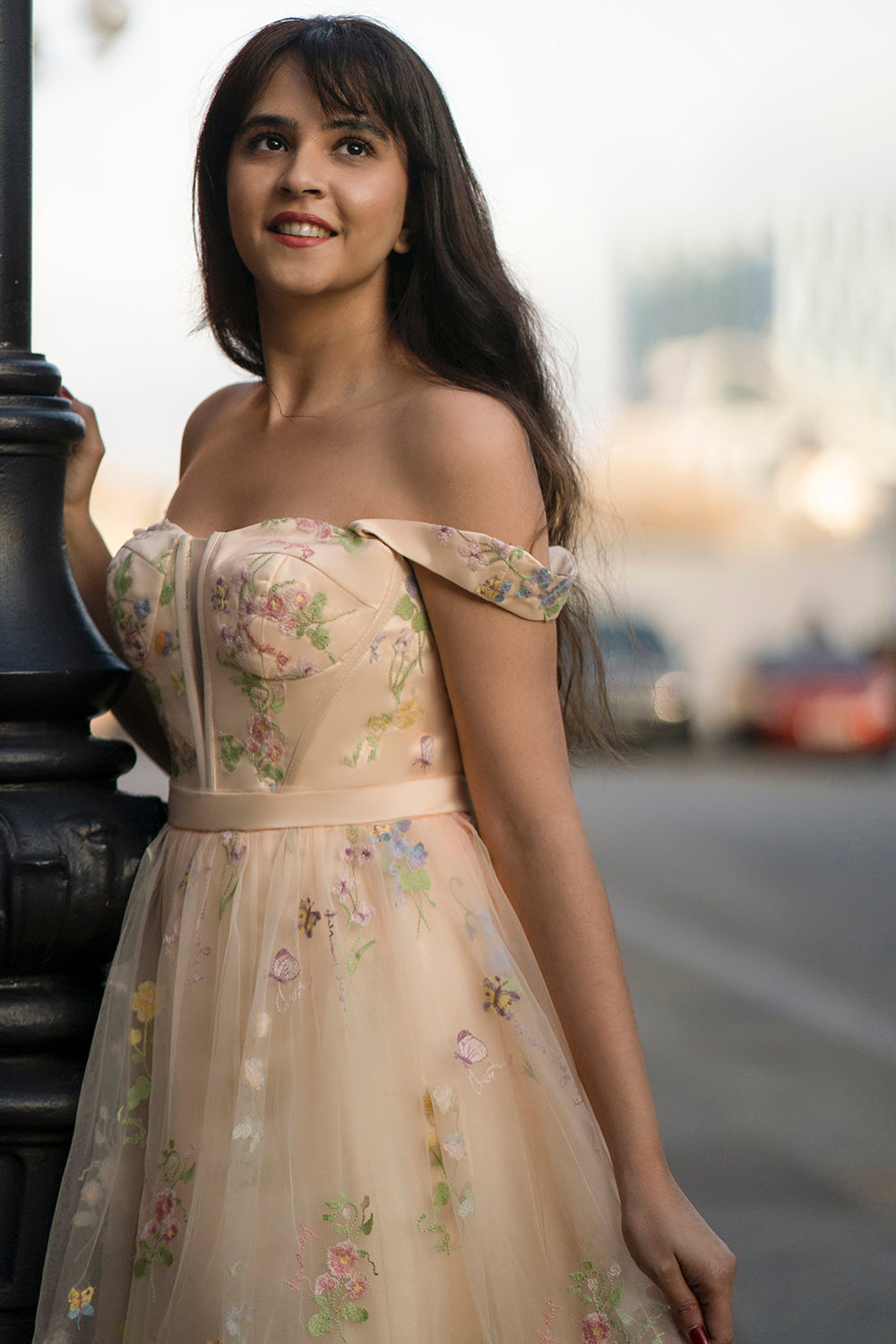 Champagne A Line Sweetheart Long Prom Dress with Embroidery