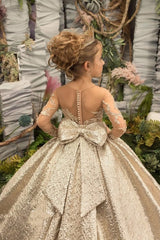 Champagne Ball Gown Long Sleeves Crew Neck Flower Girl Dress with Lace Appliques