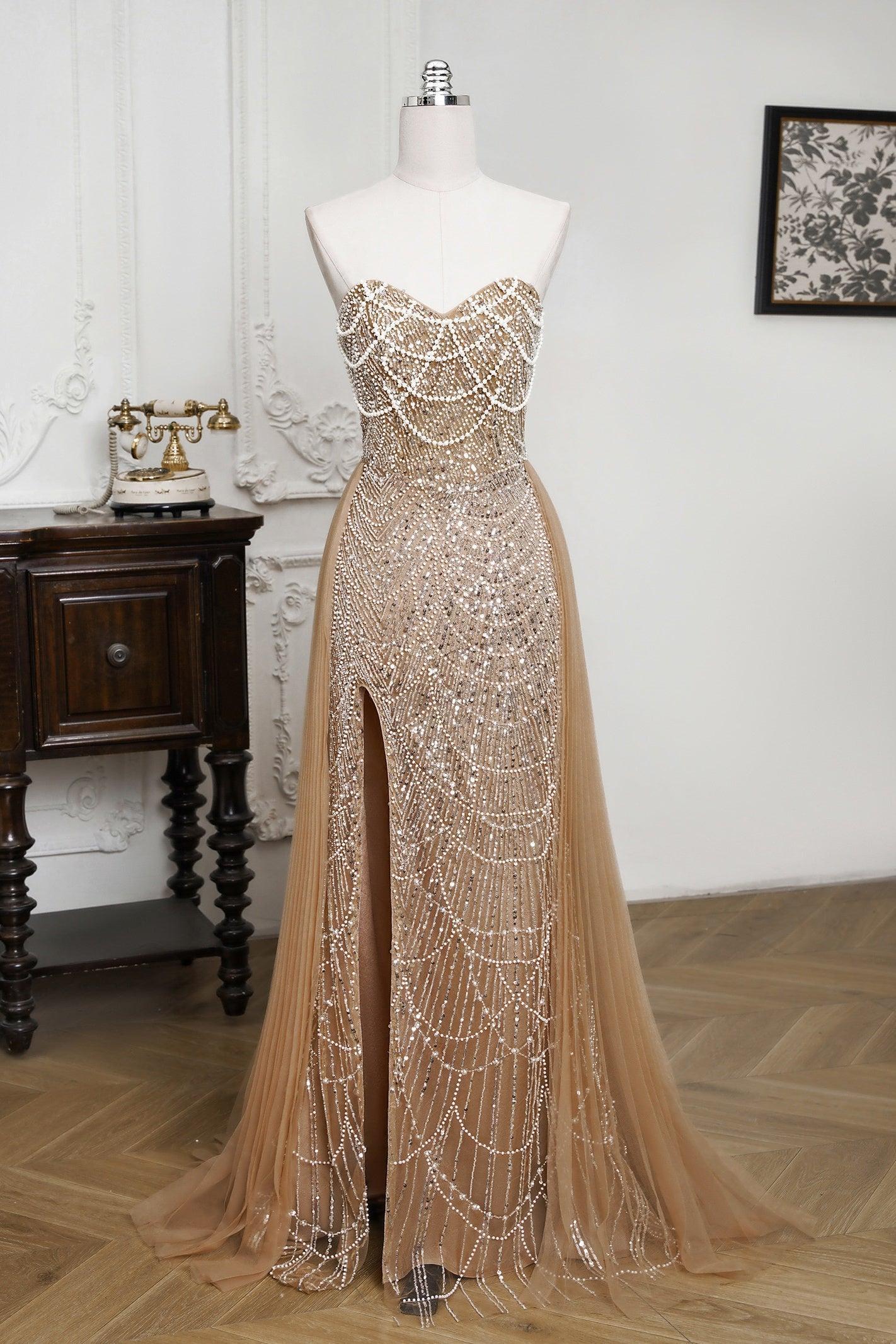 Champagne Beaded Formal Dress Strapless Sheath Wedding Party Dress with Panel Train
