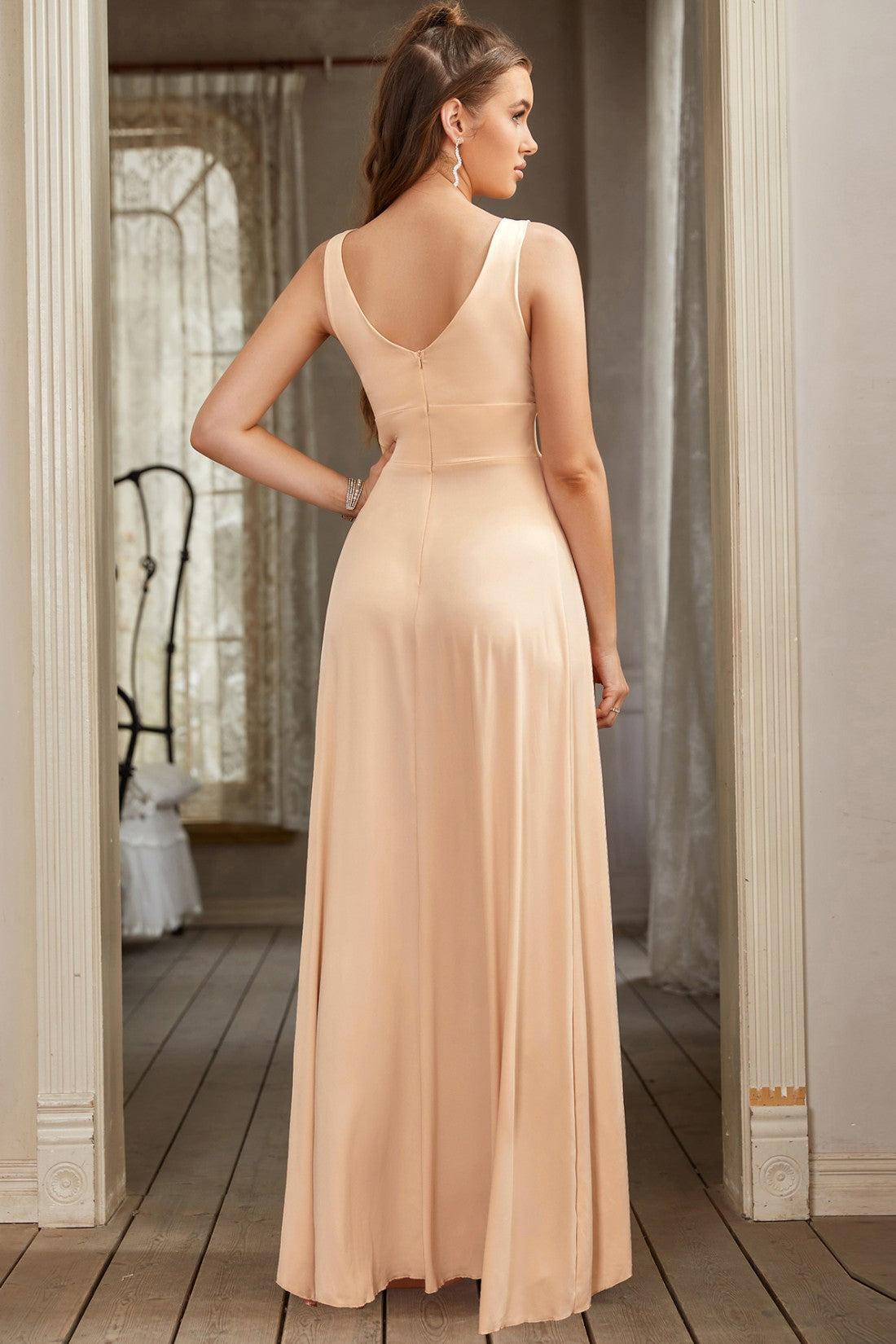 Navy Bridesmaid Dress Sleeveless V Neck Evening Dress With Slit, Navy Navy Bridesmaid Dress Sleeveless V Neck Evening Dress With Slit, Navy