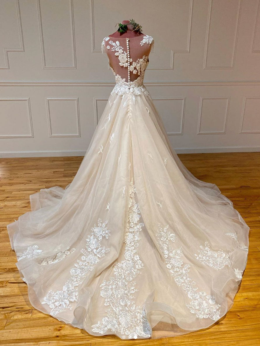 Champagne Crew Neck Tulle Lace A Line Bridal Dress