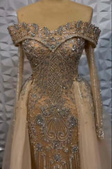 Champagne Detachable Train Prom Dress Long Sleeve Off the Shoulder Formal Dress With Beadings and Rhinestones