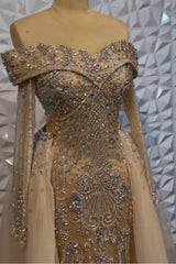 Champagne Detachable Train Prom Dress Long Sleeve Off the Shoulder Formal Dress With Beadings and Rhinestones