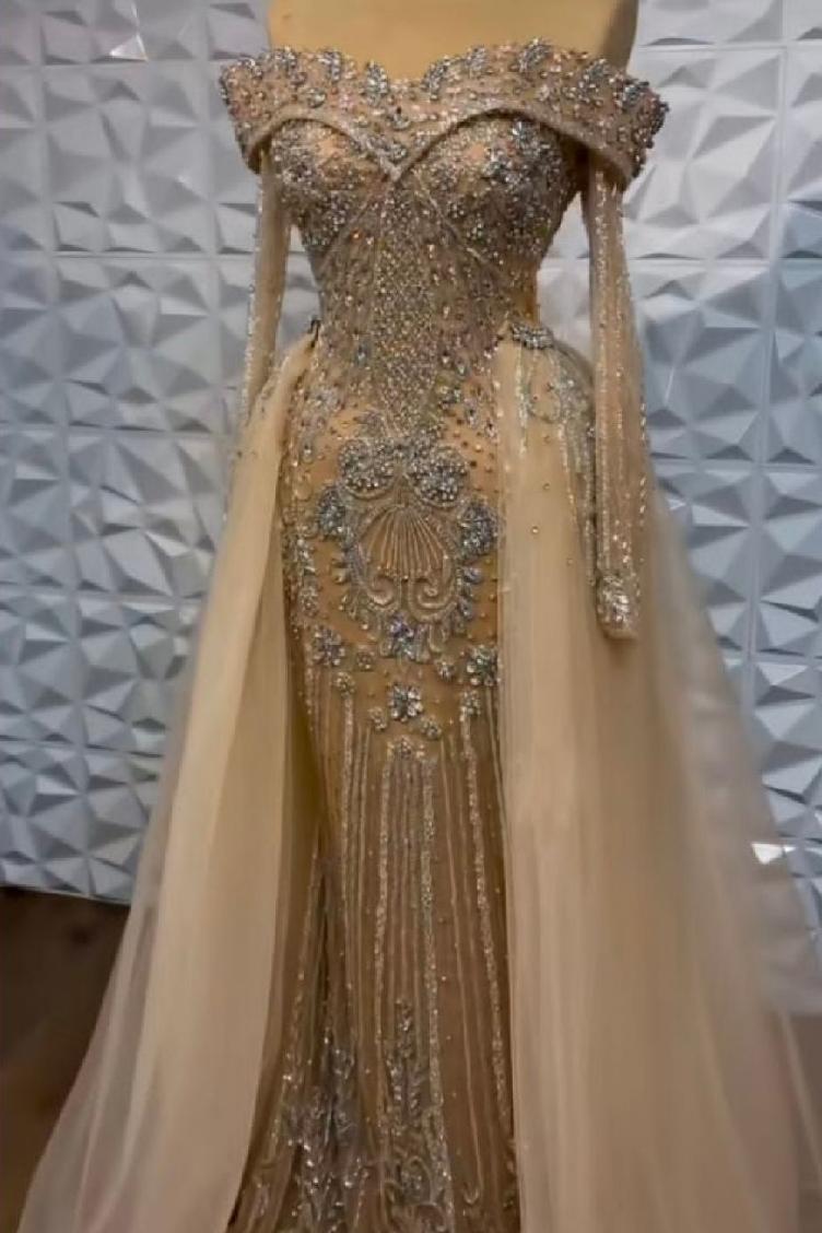 Champagne Detachable Train Prom Dress Long Sleeve Off the Shoulder Formal Dress With Beadings and Rhinestones