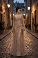 Champagne Detachable Train Prom Dress Long Sleeve Square Neck Formal Dress With Beadings and Rhinestones