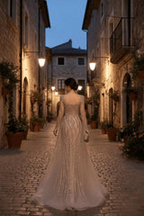Champagne Detachable Train Prom Dress Long Sleeve Square Neck Formal Dress With Beadings and Rhinestones
