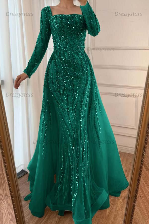 Champagne Detachable Train Prom Dress Long Sleeve Square Neck Formal Dress With Beadings and Rhinestones