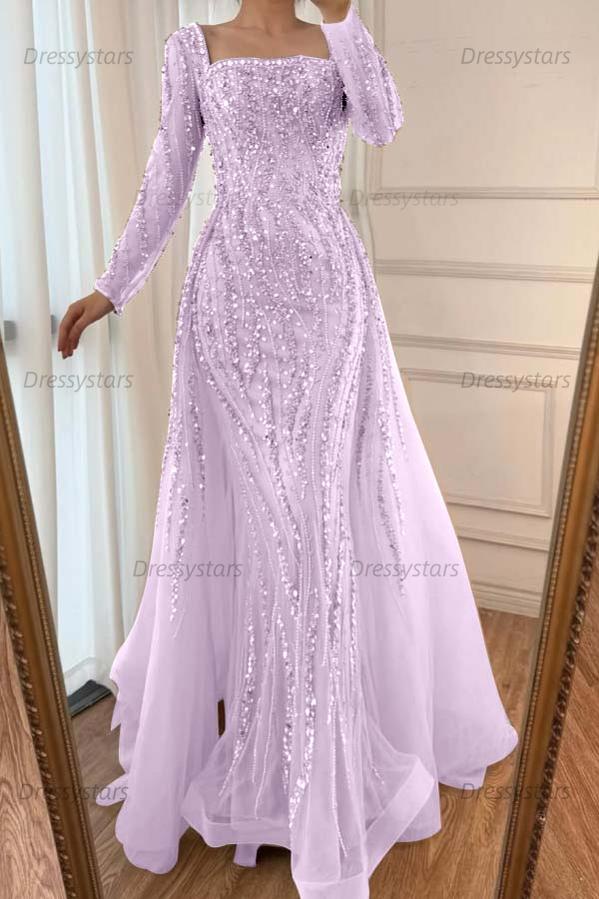 Champagne Detachable Train Prom Dress Long Sleeve Square Neck Formal Dress With Beadings and Rhinestones