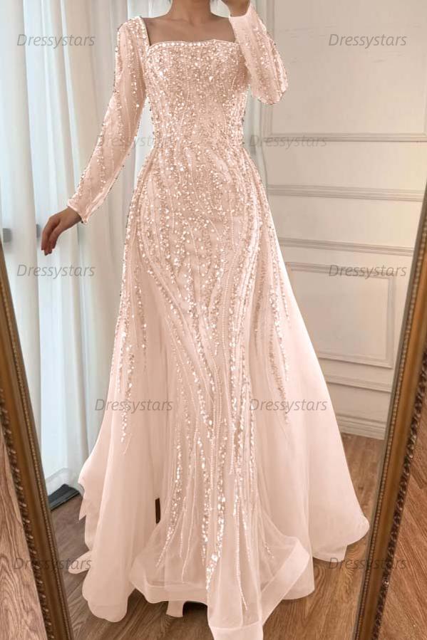 Champagne Detachable Train Prom Dress Long Sleeve Square Neck Formal Dress With Beadings and Rhinestones