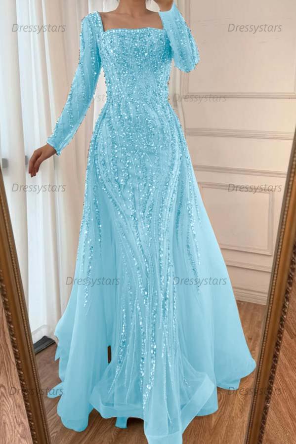 Champagne Detachable Train Prom Dress Long Sleeve Square Neck Formal Dress With Beadings and Rhinestones