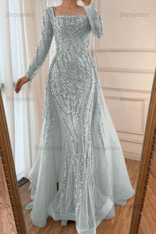 Champagne Detachable Train Prom Dress Long Sleeve Square Neck Formal Dress With Beadings and Rhinestones
