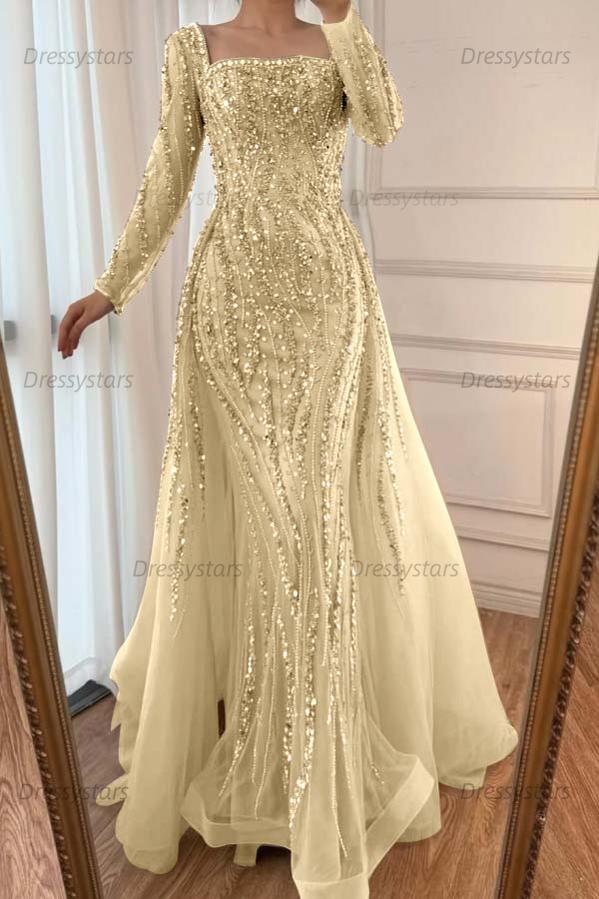 Champagne Detachable Train Prom Dress Long Sleeve Square Neck Formal Dress With Beadings and Rhinestones