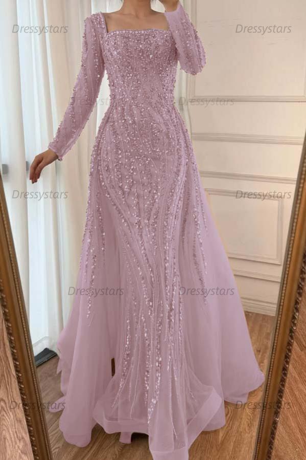 Champagne Detachable Train Prom Dress Long Sleeve Square Neck Formal Dress With Beadings and Rhinestones