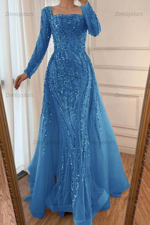 Champagne Detachable Train Prom Dress Long Sleeve Square Neck Formal Dress With Beadings and Rhinestones