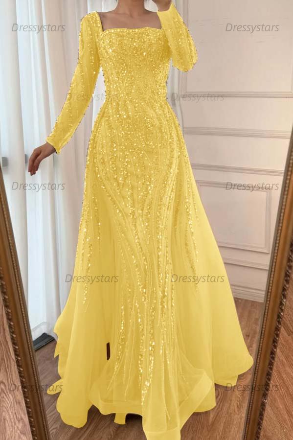 Champagne Detachable Train Prom Dress Long Sleeve Square Neck Formal Dress With Beadings and Rhinestones