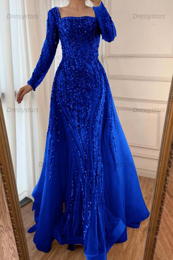 Champagne Detachable Train Prom Dress Long Sleeve Square Neck Formal Dress With Beadings and Rhinestones