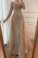 Champagne Detachable Train Prom Dress Long Sleeve Square Neck Formal Dress With Beadings and Rhinestones