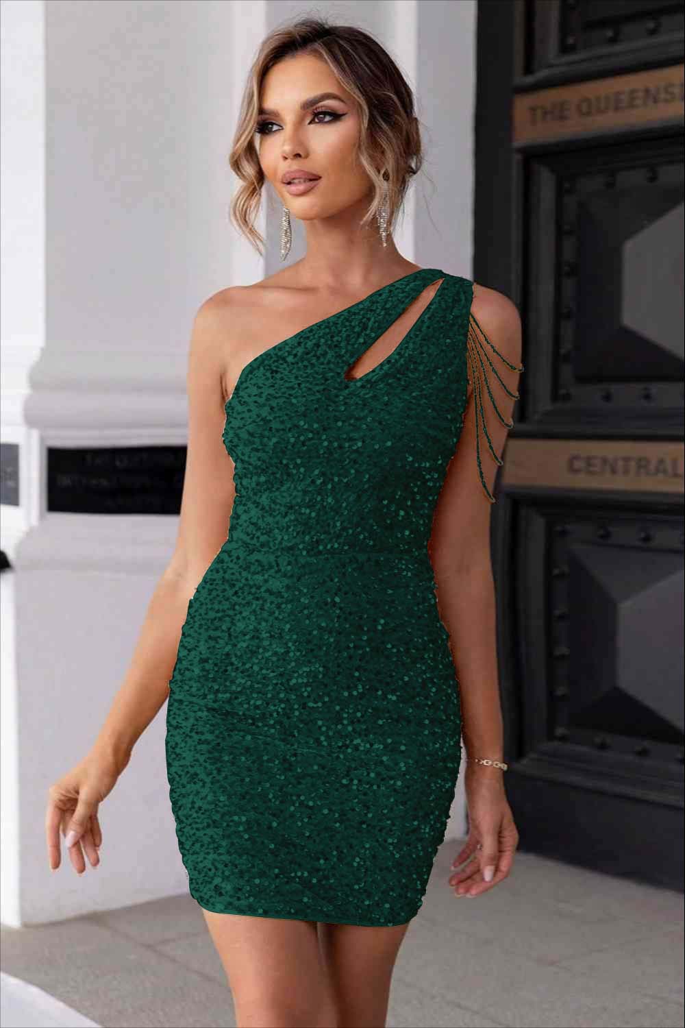 Champagne Gold Homecoming Dress Sequined One Shoulder Sleeveless Short Cocktail Dress With Beadings