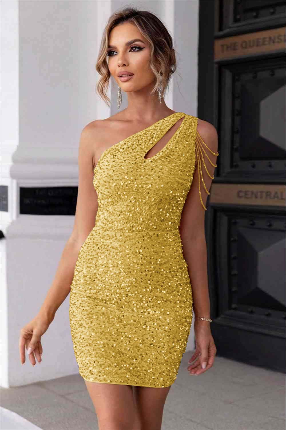 Champagne Gold Homecoming Dress Sequined One Shoulder Sleeveless Short Cocktail Dress With Beadings